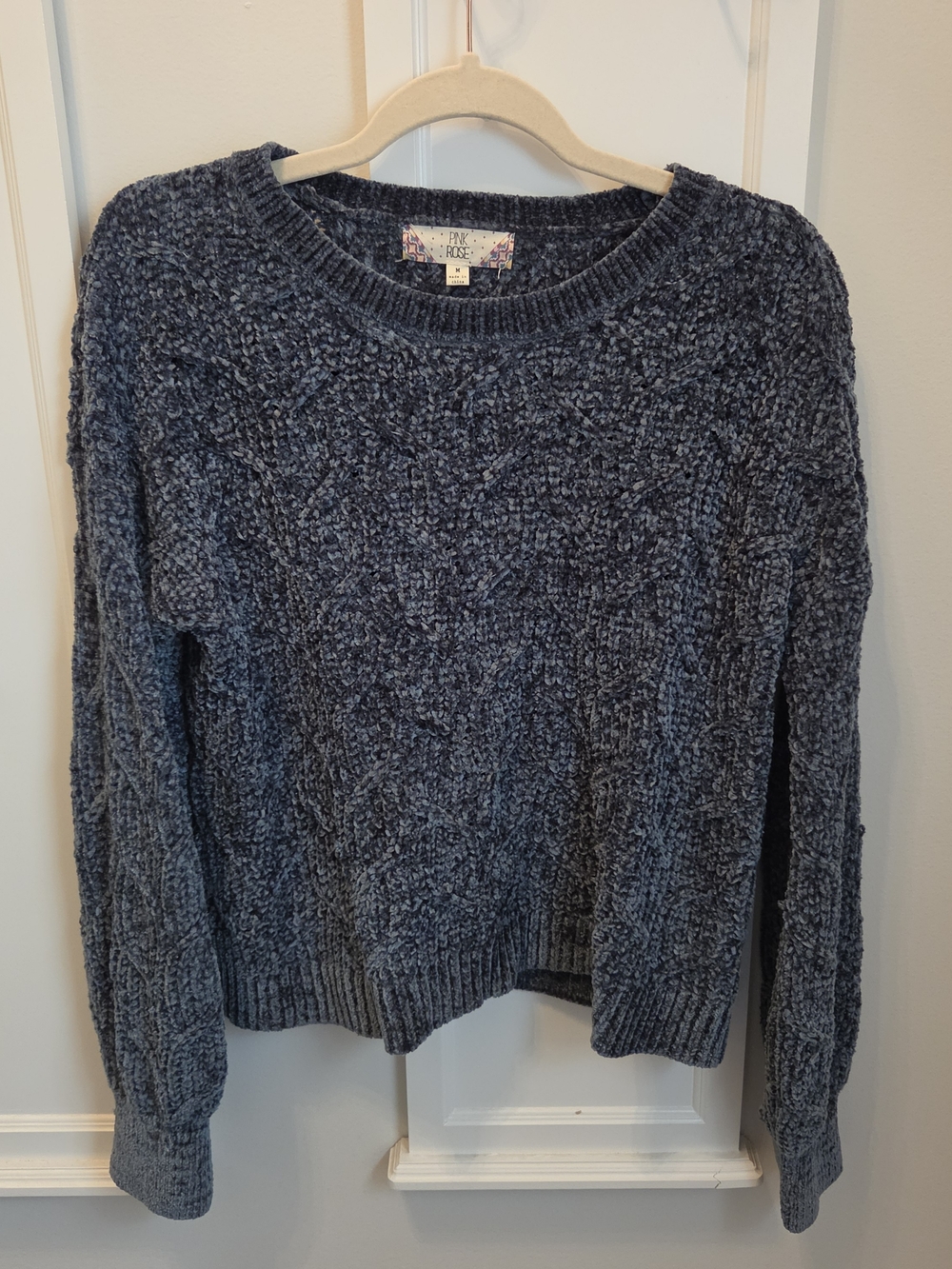 Pink Rose Navy Chenille Cable Crew Sweater